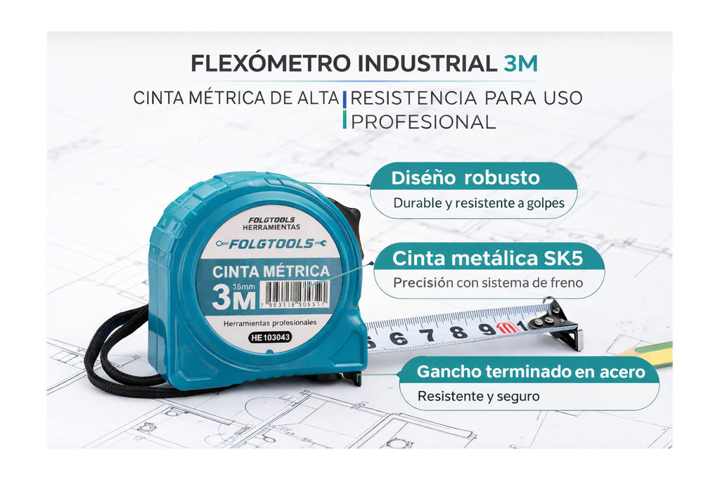 FLEXÓMETRO INDUSTRIAL 3M | CINTA MÉTRICA DE ALTA RESISTENCIA-FOLGTOOLS