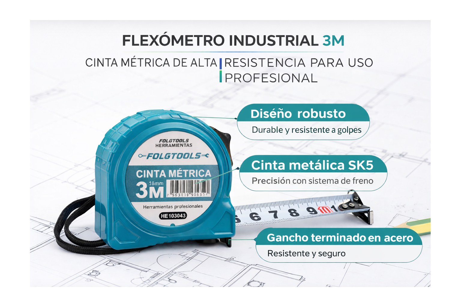 FLEXÓMETRO INDUSTRIAL 3M | CINTA MÉTRICA DE ALTA RESISTENCIA-FOLGTOOLS