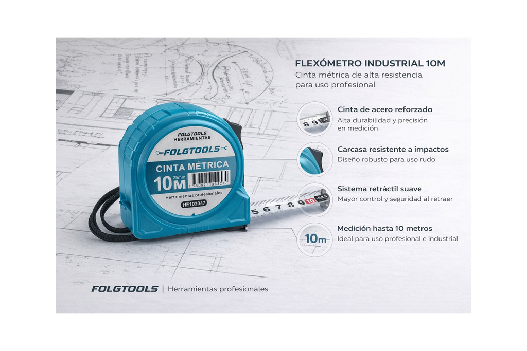 FLEXÓMETRO INDUSTRIAL 10M | CINTA MÉTRICA DE ALTA RESISTENCIA-FOLGTOOLS