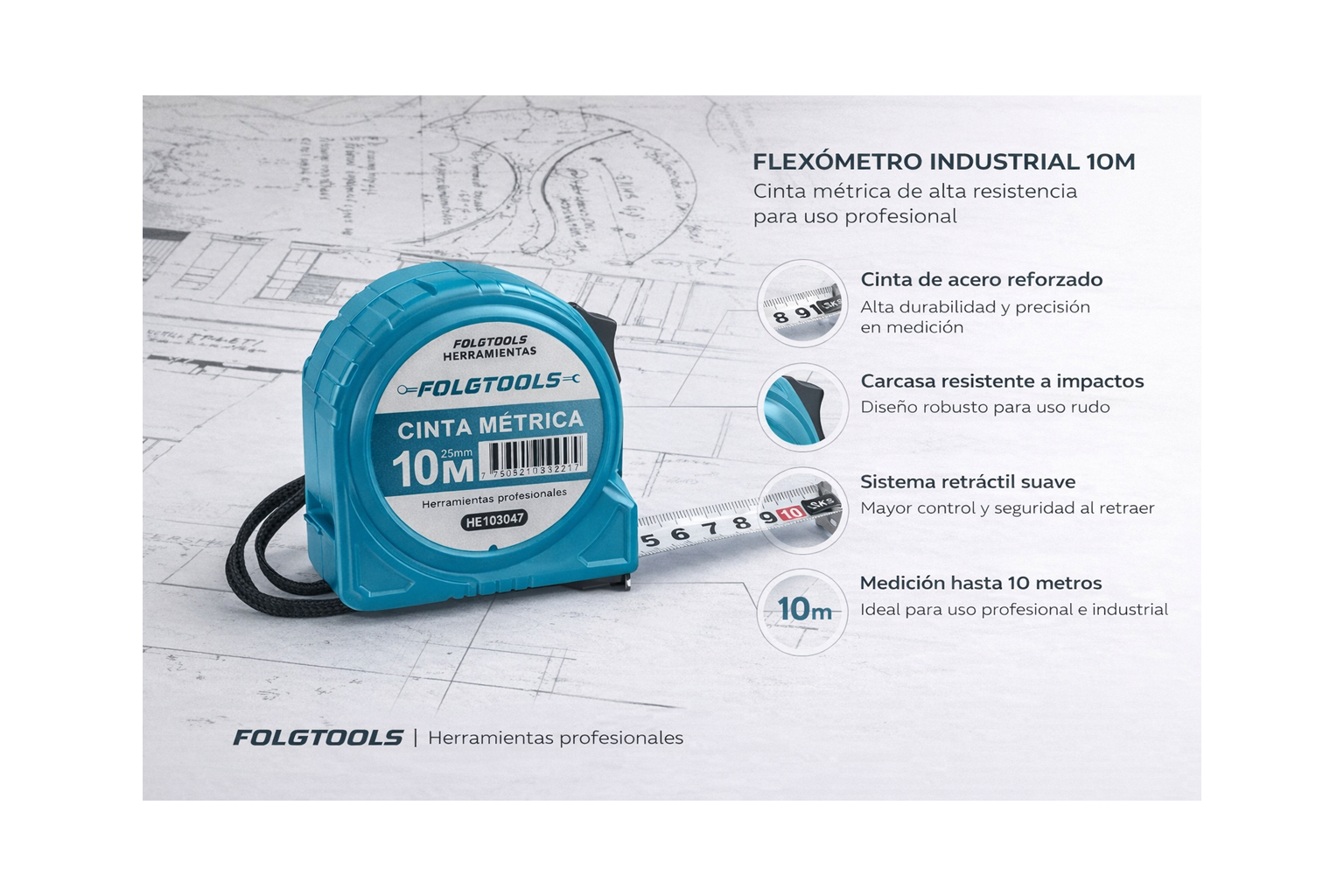 FLEXÓMETRO INDUSTRIAL 10M | CINTA MÉTRICA DE ALTA RESISTENCIA-FOLGTOOLS