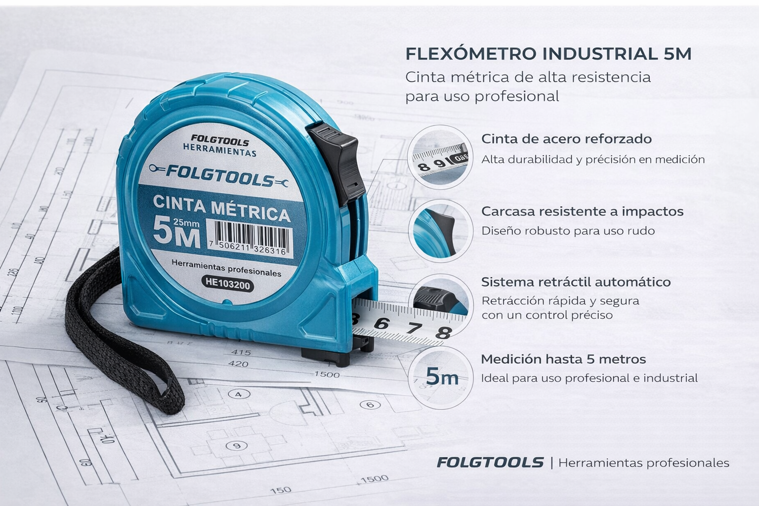 FLEXÓMETRO INDUSTRIAL 5M | CINTA MÉTRICA DE ALTA RESISTENCIA-FOLGTOOLS