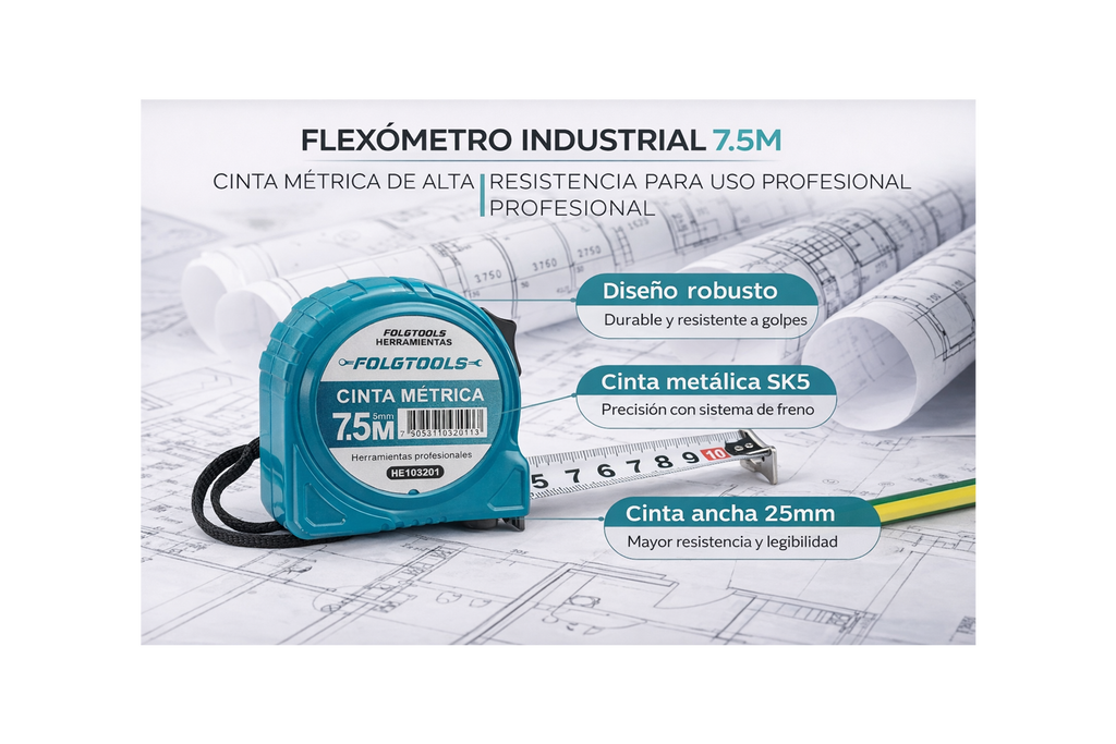 Flexómetro Industrial 7.5M/ Cinta métrica de alta resistencia-FOLGTOOLS