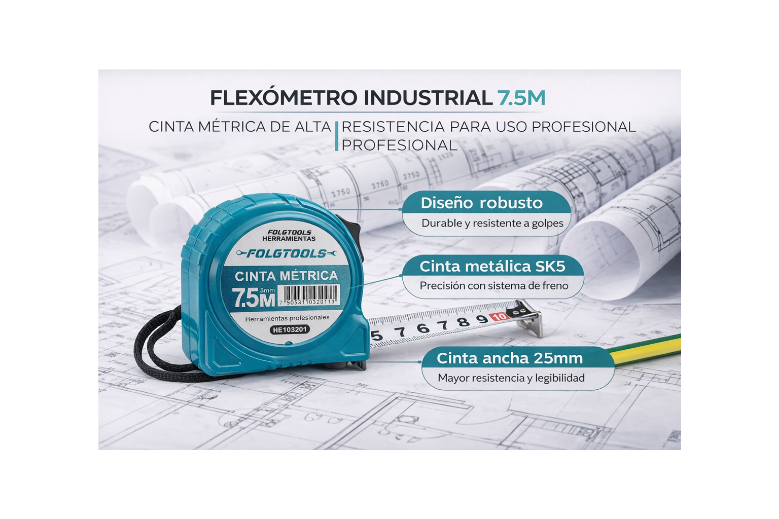Flexómetro Industrial 7.5M/ Cinta métrica de alta resistencia-FOLGTOOLS