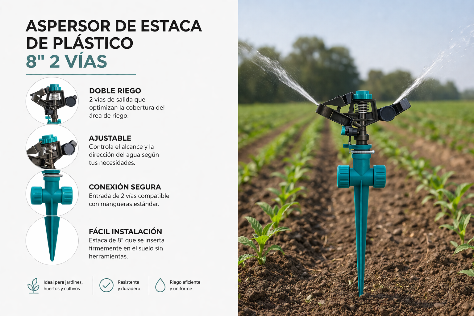 Aspersor de Impacto sobre Estaca de 8" Sistema de 2 Vías para Riego Continuo-FOLGTOOLS