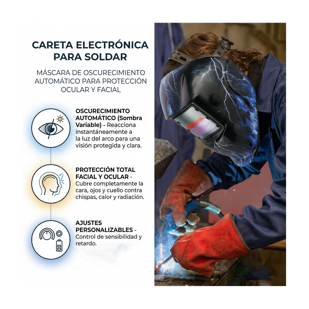 CARETA ELECTRÓNICA PARA SOLDAR | DISEÑO RAYOS AZULES - FOLGTOOLS