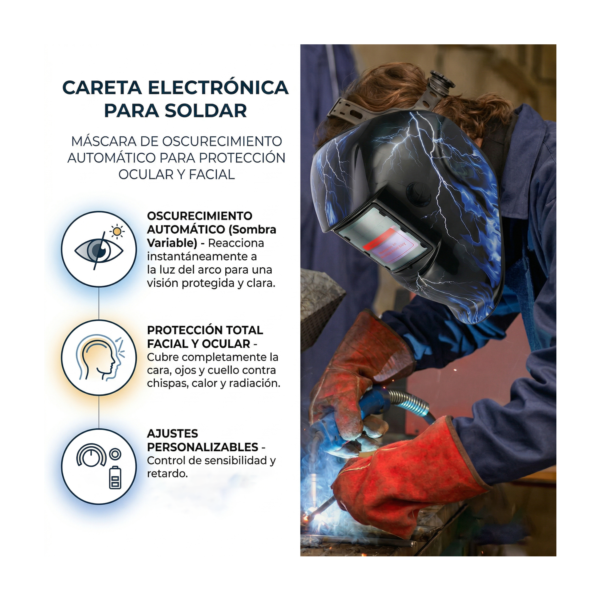 CARETA ELECTRÓNICA PARA SOLDAR | DISEÑO RAYOS AZULES - FOLGTOOLS