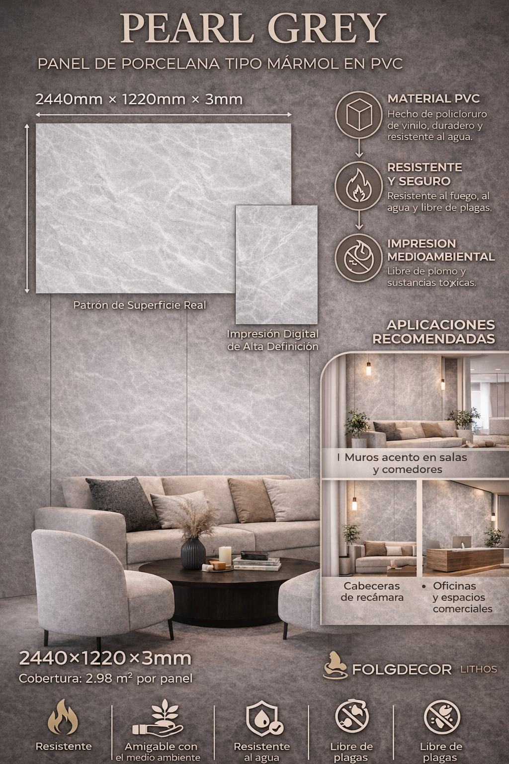 FOLGDECOR® · LITHOS · PEARL GREY PANEL DECORATIVO