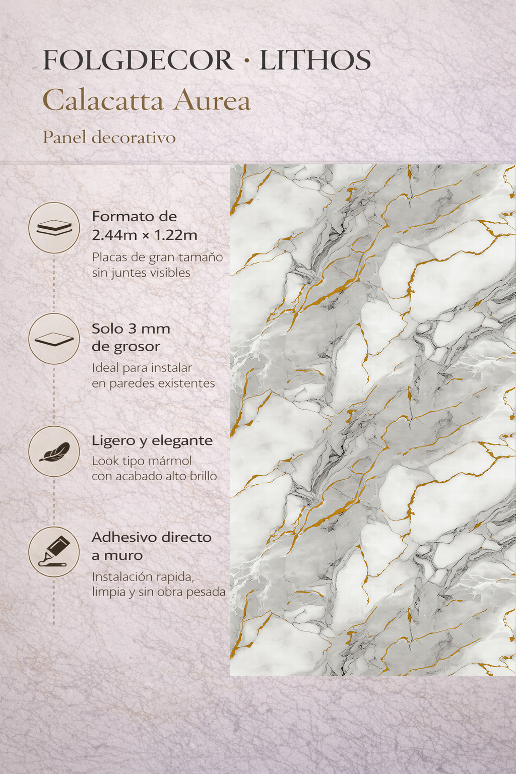FOLGDECOR · LITHOS · CALACATTA AUREA · PANEL DECORATIVO