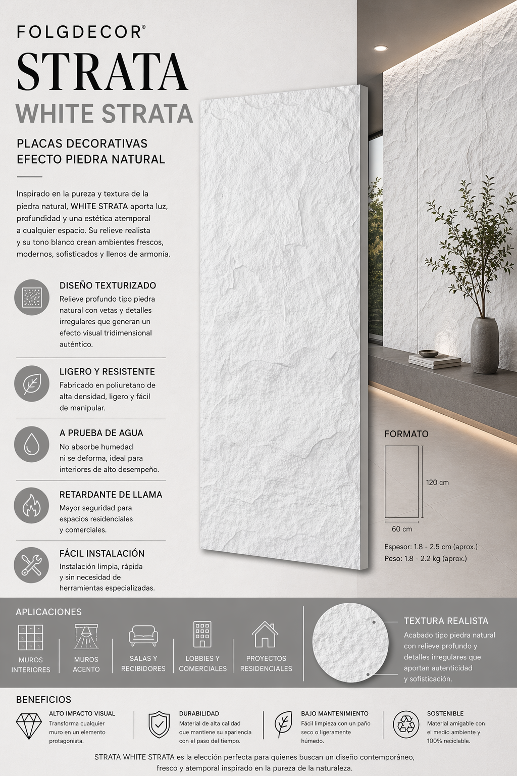 FOLGDECOR® · STRATA · WHITE STRATA PANEL DECORATIVO
