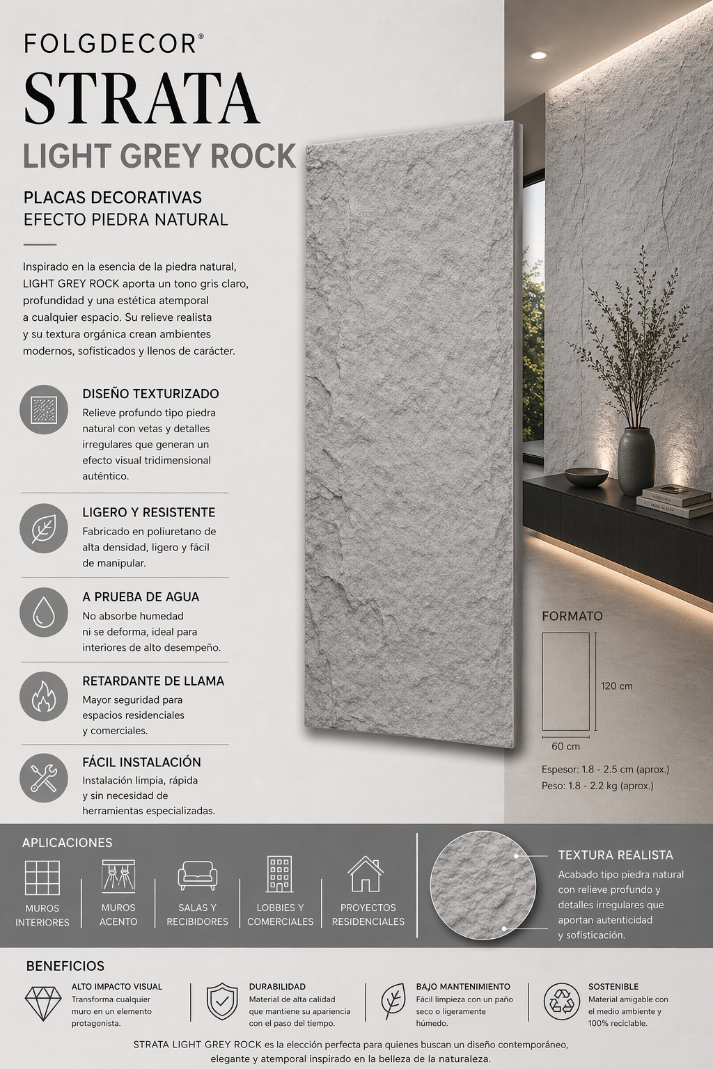 FOLGDECOR® · STRATA · LIGHT GREY ROCK PLACA DECORATIVA