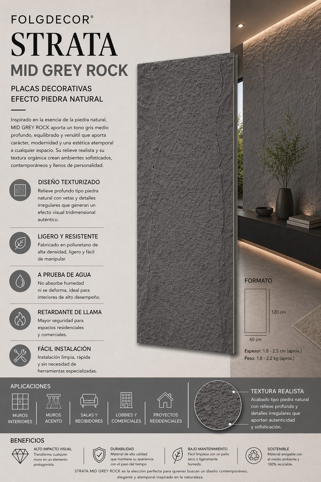 FOLGDECOR® · STRATA · MID GREY ROCK PANEL DECORATIVO
