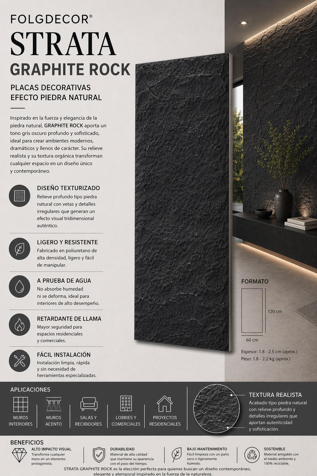 FOLGDECOR® · STRATA · GRAPHITE ROCK PANEL DECORATIVO