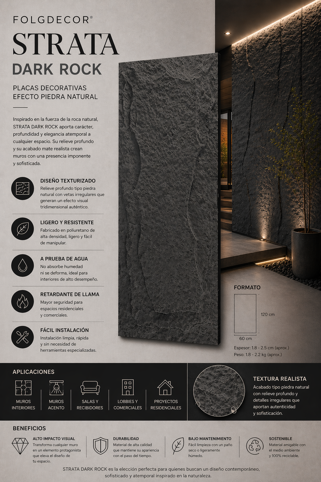 FOLGDECOR® · STRATA · DARK ROCK PANEL DECORATIVO