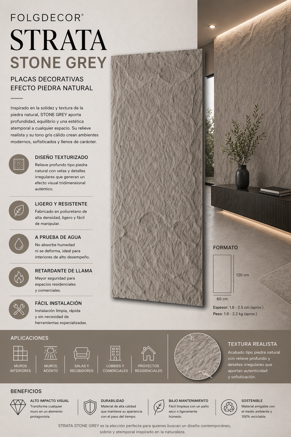 FOLGDECOR® · STRATA · STONE GREY PANEL DECORATIVO