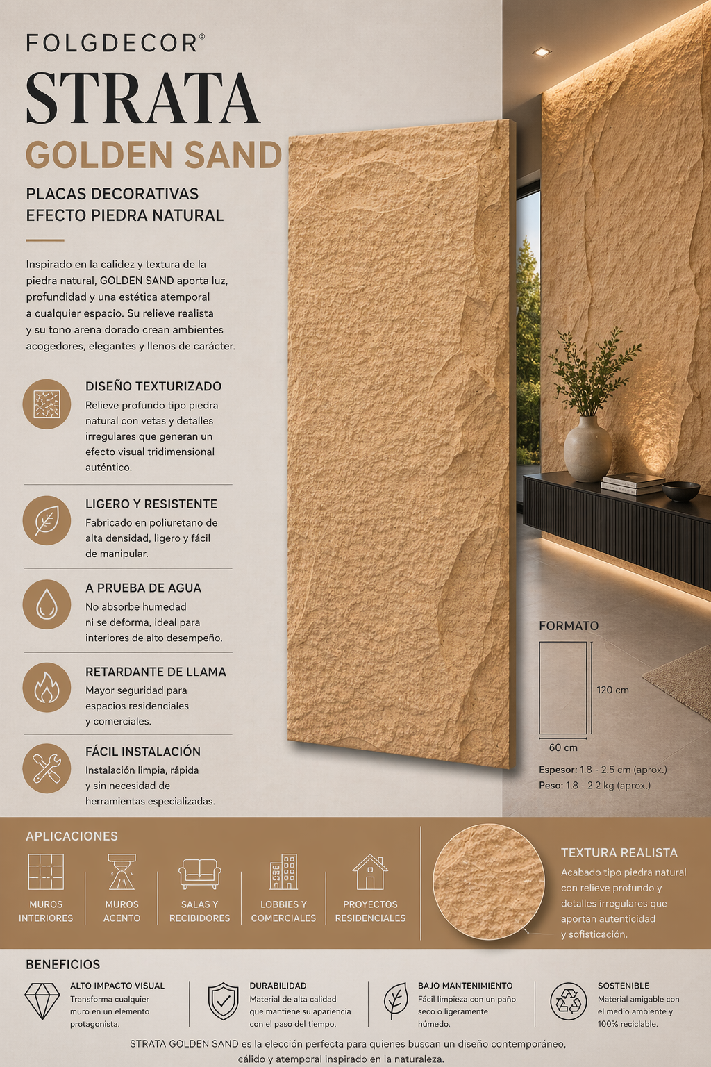 FOLGDECOR® · STRATA · GOLDEN SAND PANEL DECORATIVO