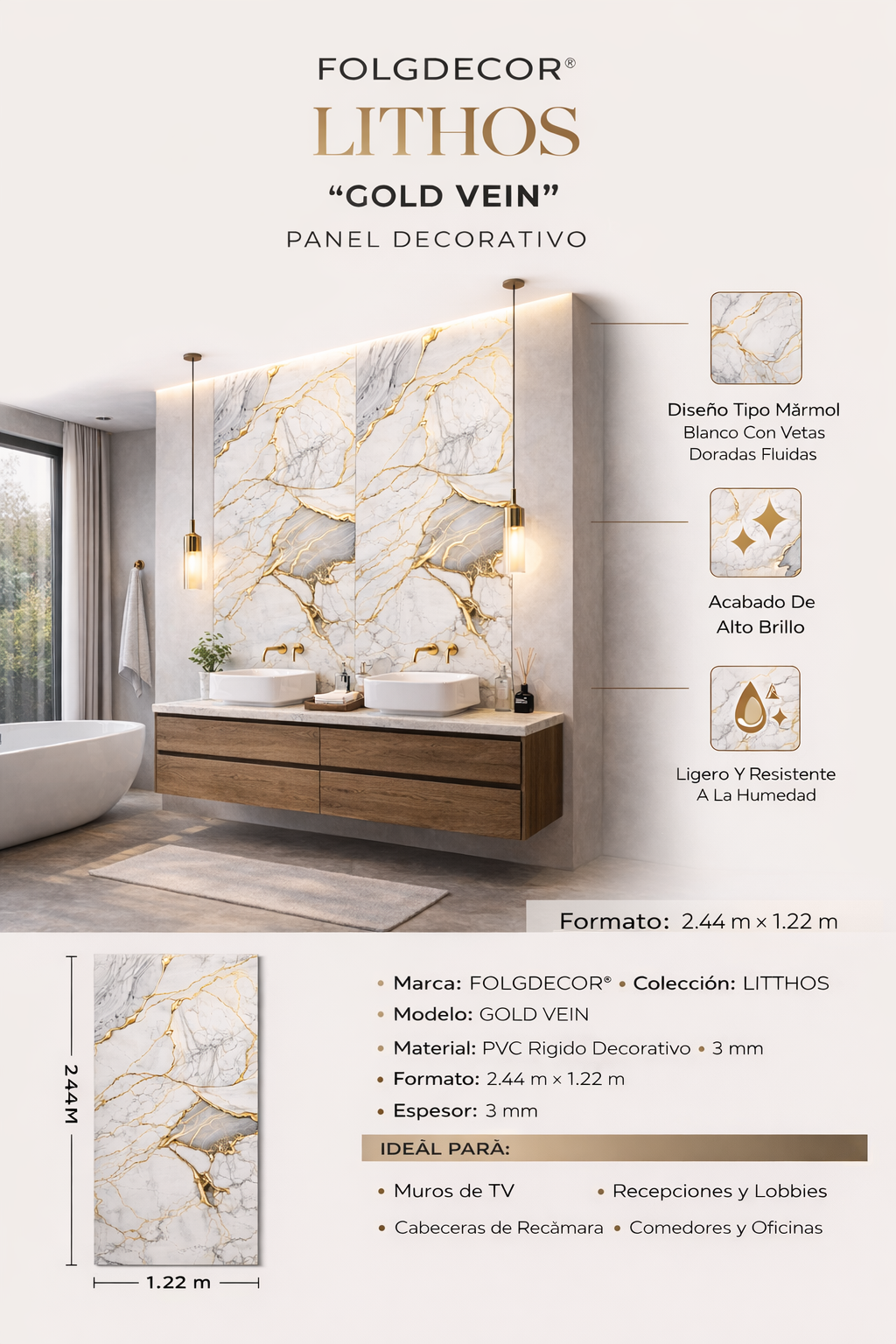 FOLGDECOR · LITHOS · GOLD VEIN – PANEL DECORATIVO