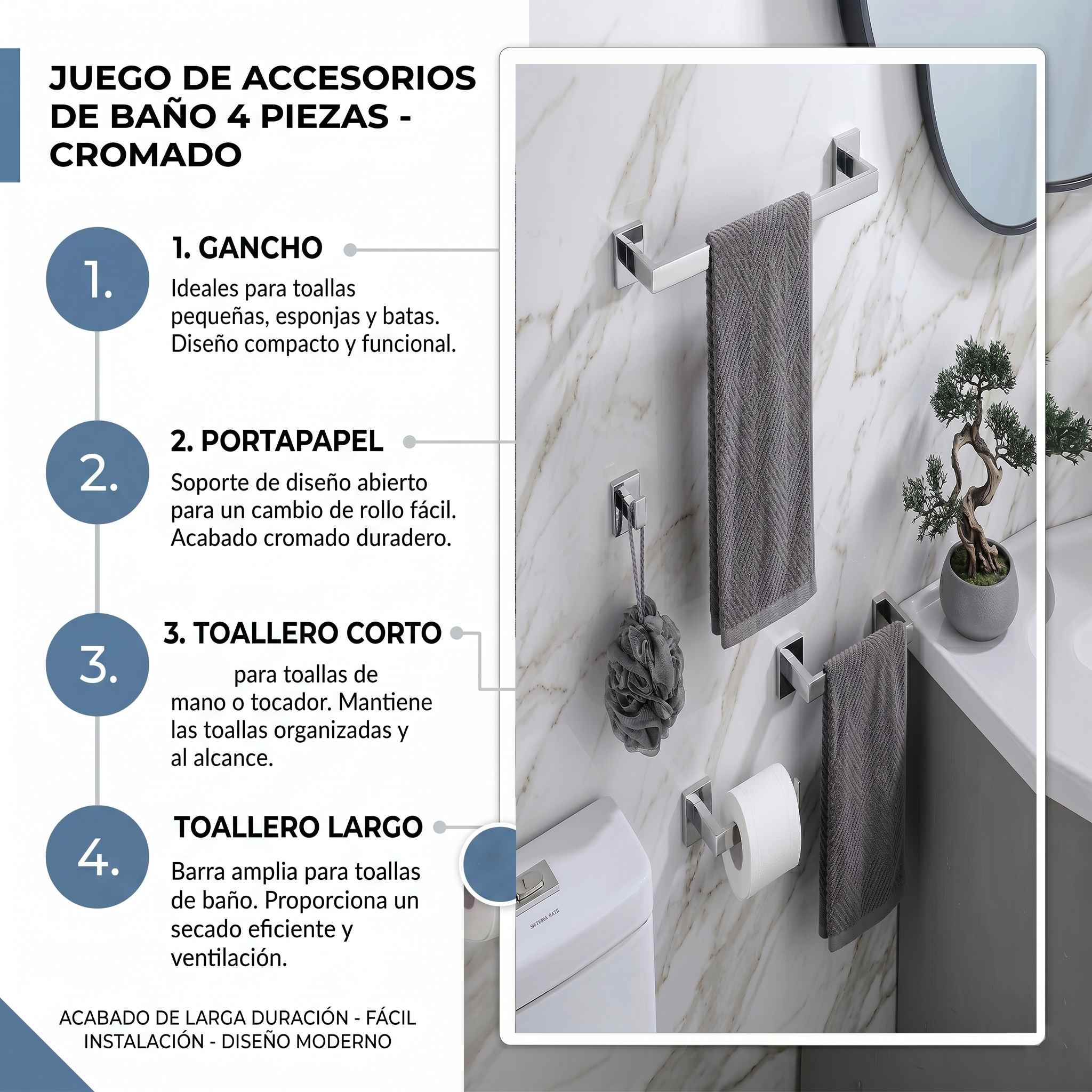 Set de Accesorios de Baño Premium – 4 Piezas Cromado-FOLGVEX