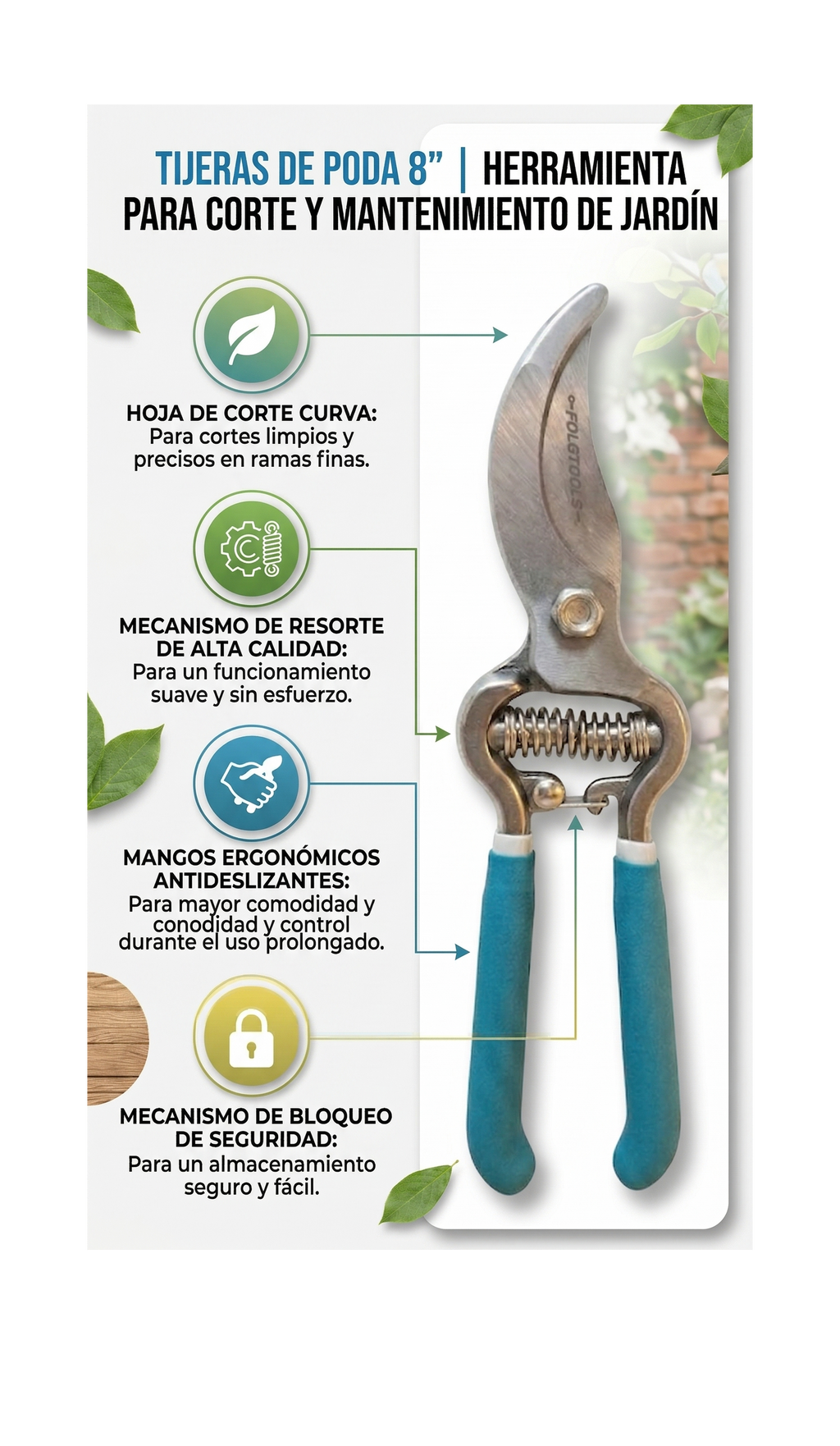 Tijeras de Poda 8" Herramienta Profesional de Corte y Mantenimiento -FOLGTOOLS