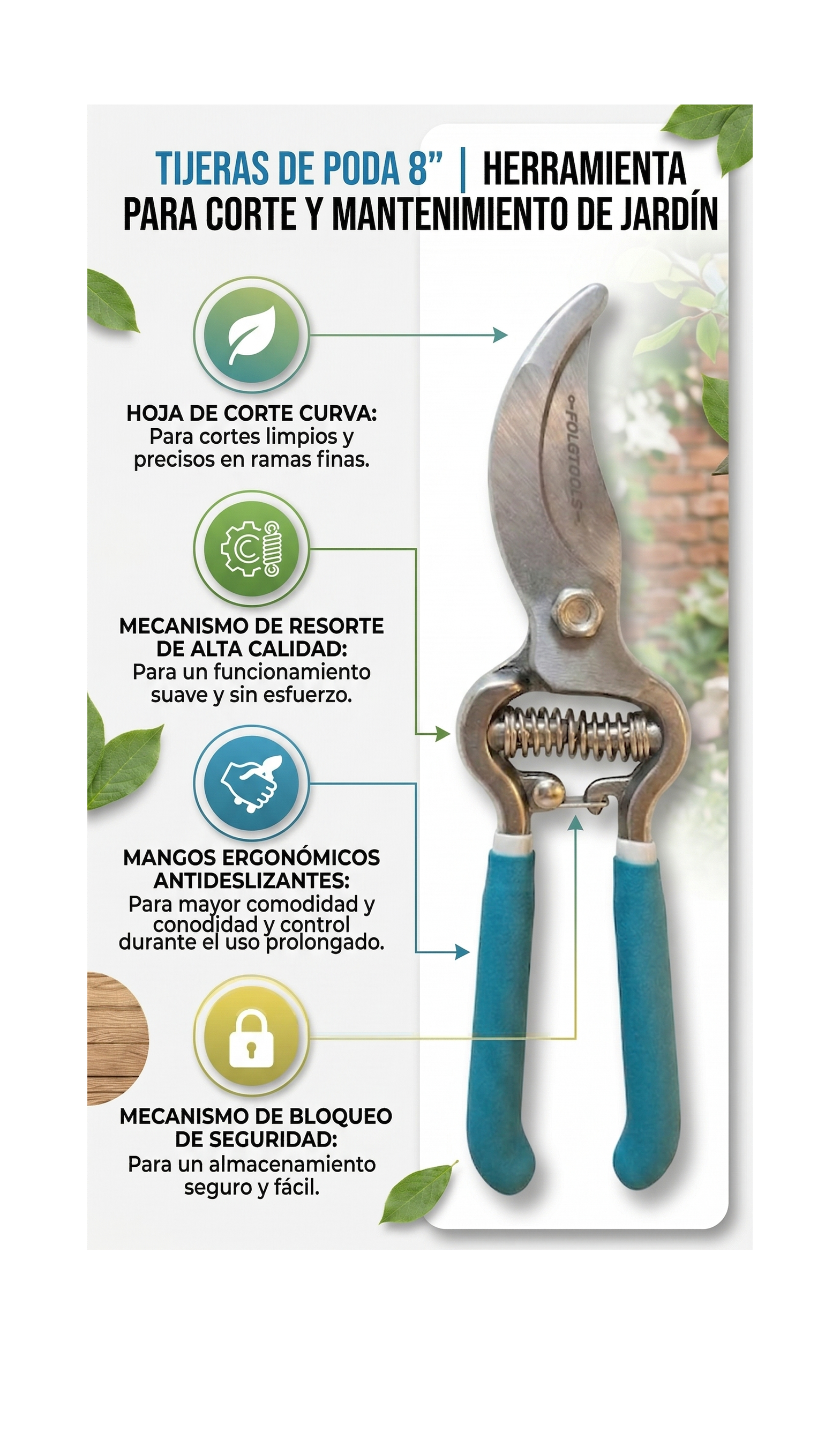 Tijeras de Poda 8" Herramienta Profesional de Corte y Mantenimiento -FOLGTOOLS