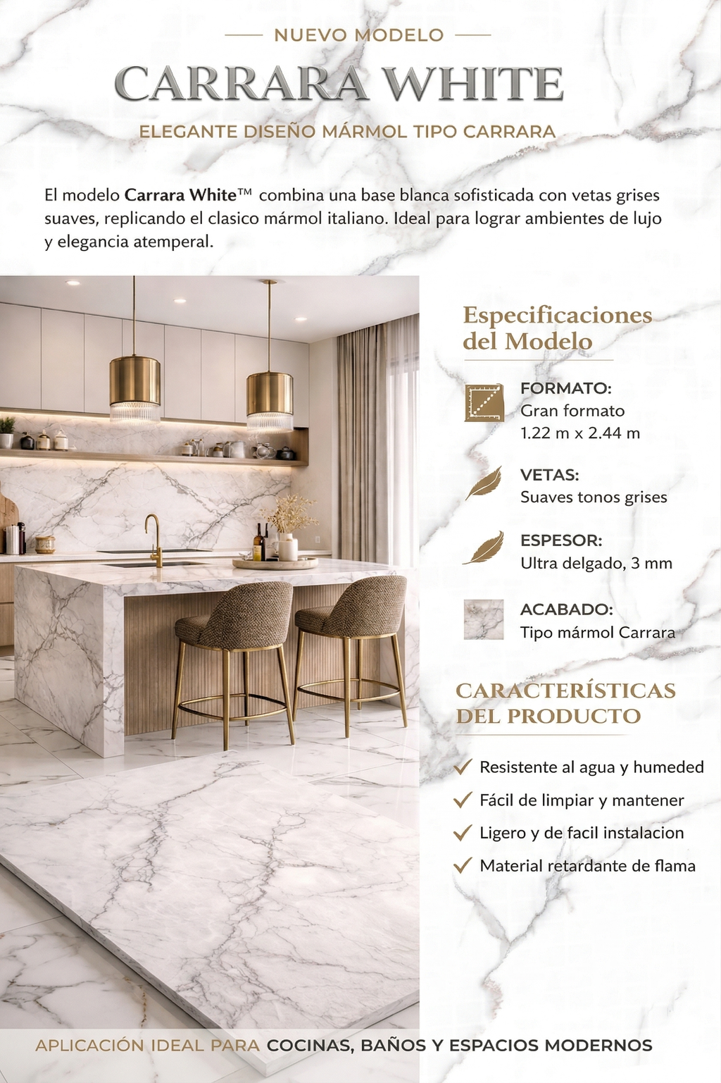 FOLGDECOR® · LITHOS · CARRARA WHITE PANEL DECORATIVO