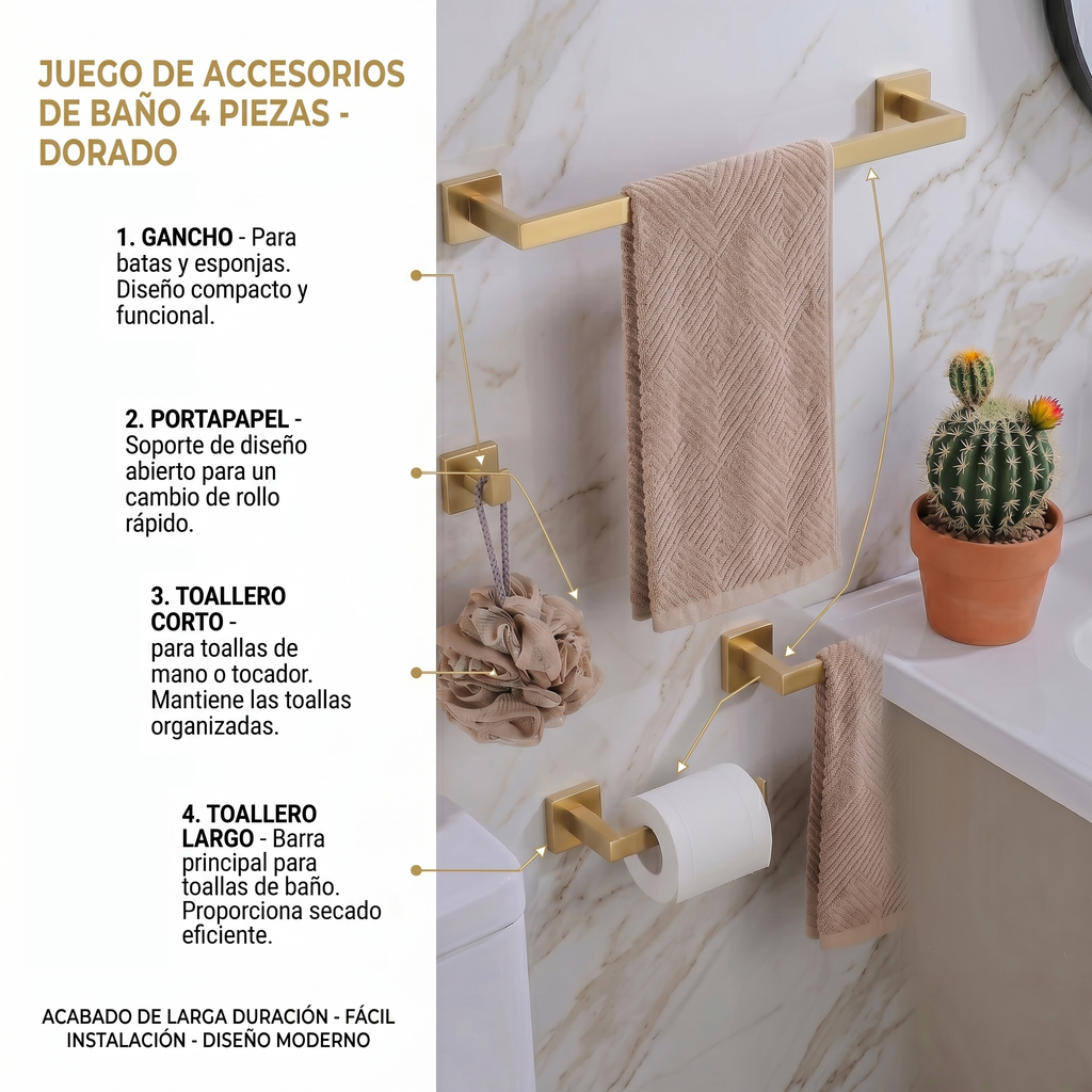 Set de Accesorios de Baño Premium – 4 Piezas Dorado-FOLGVEX