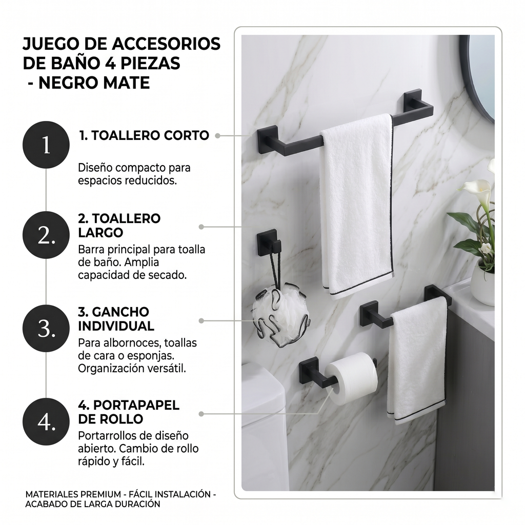 Set de Accesorios de Baño Premium – 4 Piezas Negro Mate-FOLGVEX