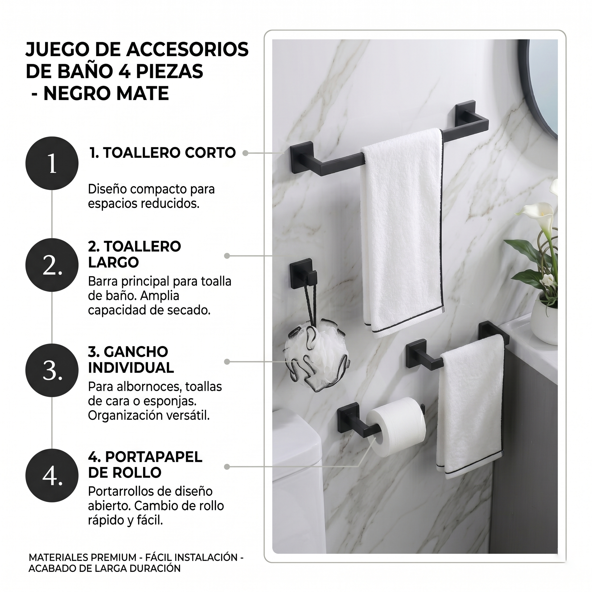 Set de Accesorios de Baño Premium – 4 Piezas Negro Mate-FOLGVEX