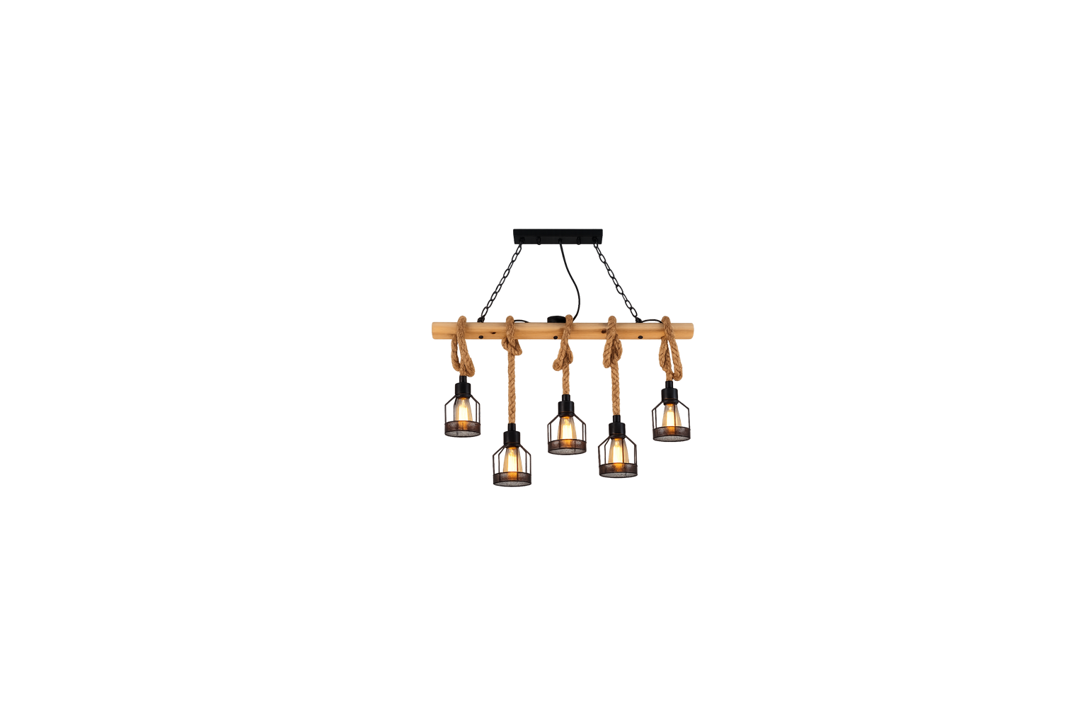 Candil Decorativo de Bambú con 5 Portalámparas de Cáñamo