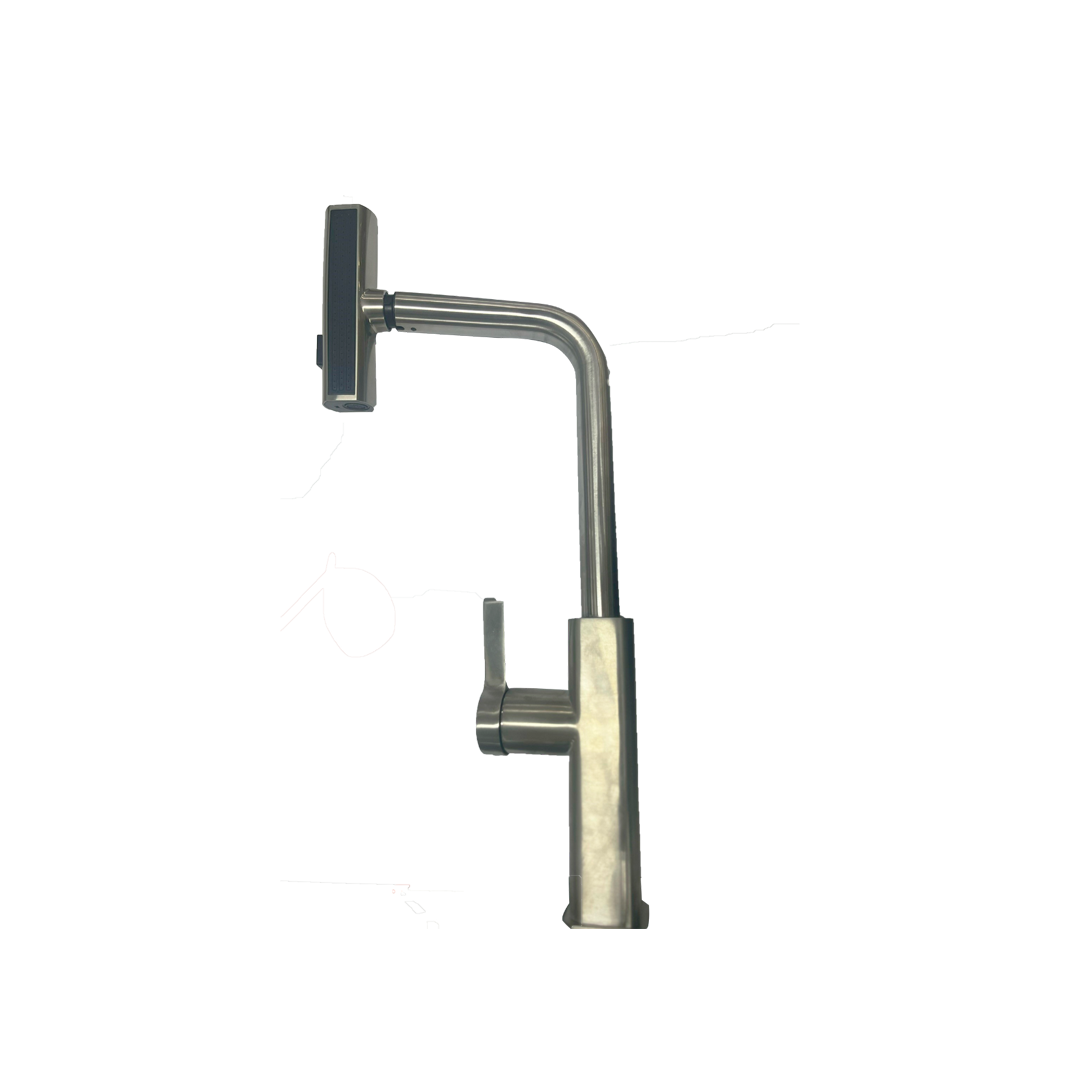 MONOMANDO DE FREGADERO CON CABEZAL ORIENTABLE TIPO BARRA Y CUELLO EN “L” GIRATORIO 360° EN ACABADO ACERO INOXIDABLE ENVEJECIDO FOLGVEX