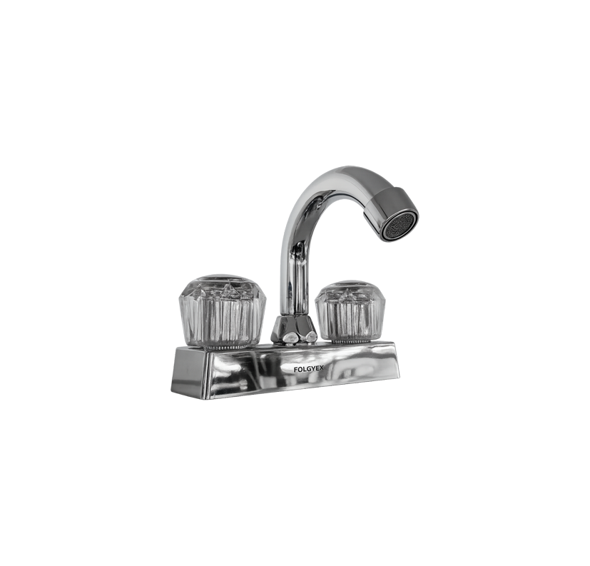 MEZCLADORA PARA LAVABO FOLGVEX · CUELLO BAJO COMPACTO CON PERILLAS ACRÍLICAS
