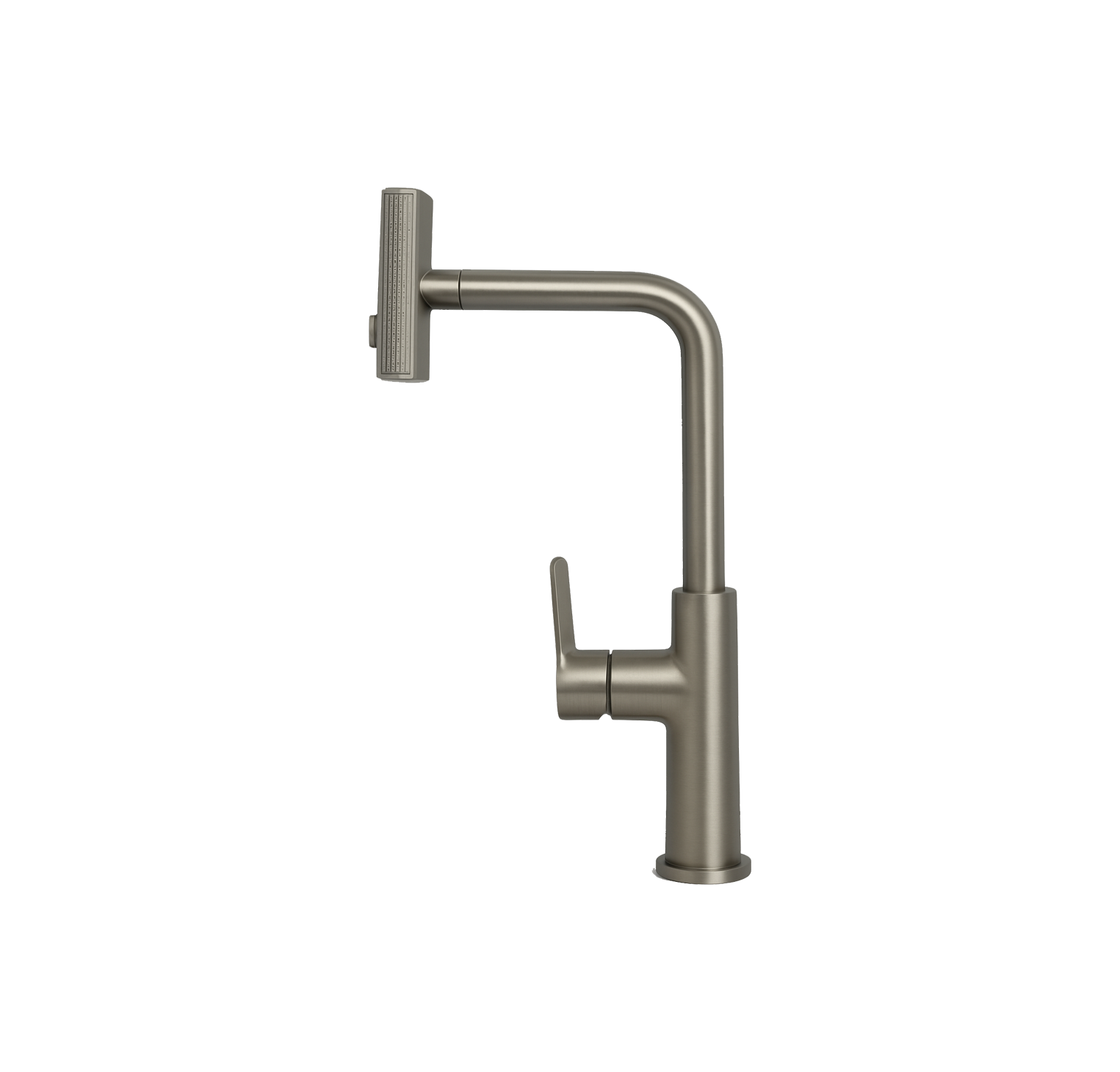 MONOMANDO DE FREGADERO DE CUELLO ANGULAR CON CABEZAL ORIENTABLE TIPO REGADERA EN ACABADO NÍQUEL CEPILLADO FOLGVEX