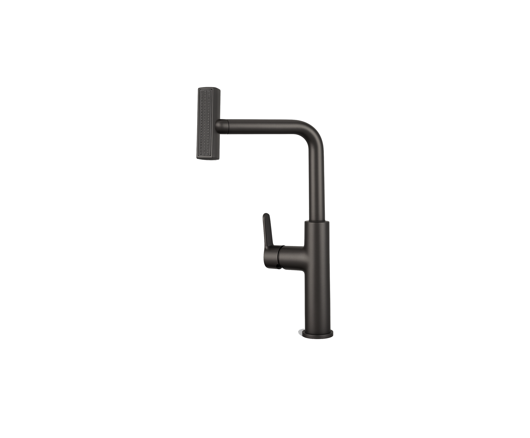 MONOMANDO DE FREGADERO DE CUELLO ANGULAR CON CABEZAL ORIENTABLE TIPO REGADERA EN ACABADO NEGRO MATE FOLGVEX