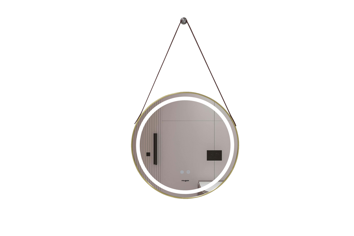Espejo Redondo con LED Ø 80 cm, Sistema Touch, Antivaho, 3 Temperaturas de Luz, Marco Dorado y Correa de Suspensión FOLGVEX®